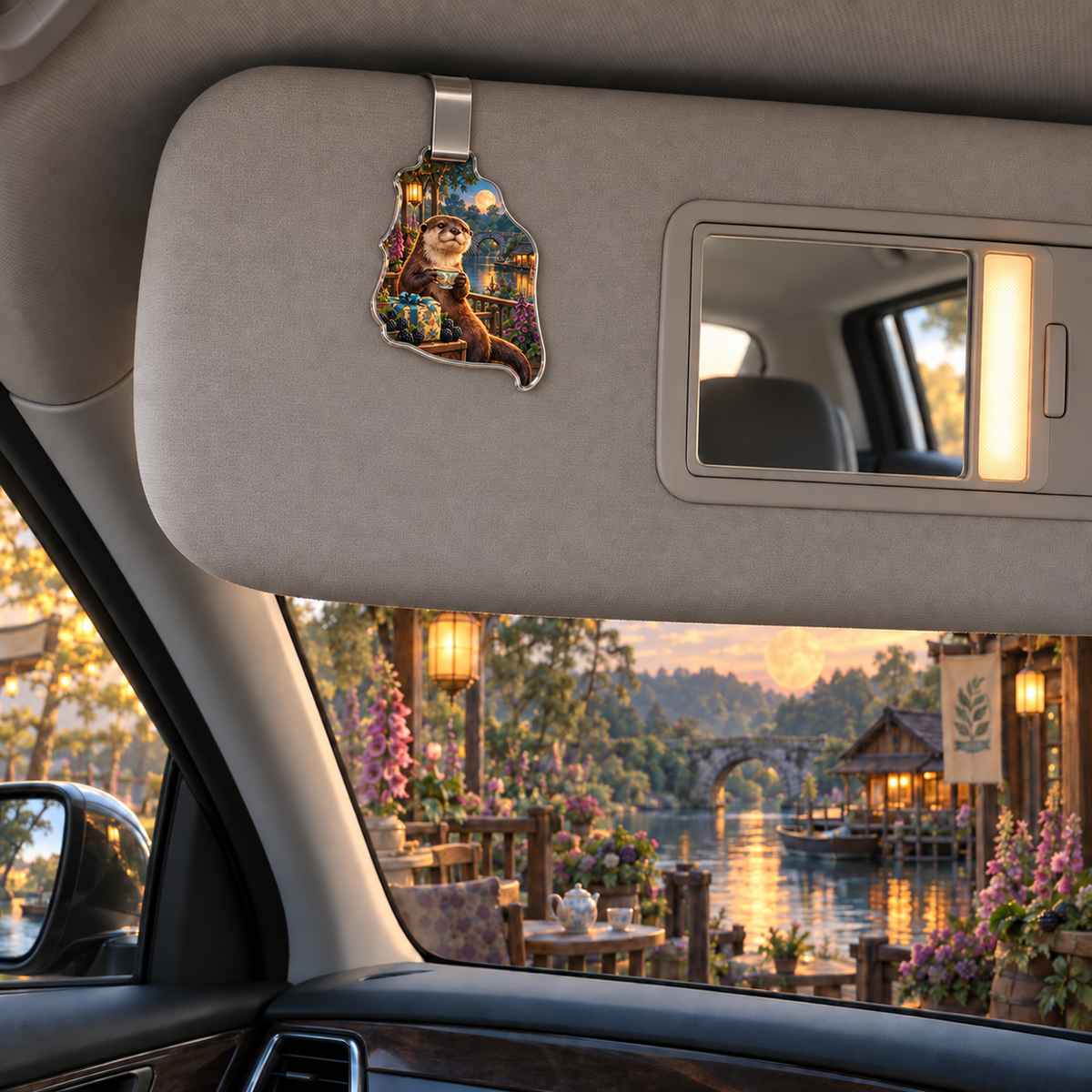 Gratitea River Otter Veranda Holographic Car Visor Clip with printed optical 3D artwork in its use setting