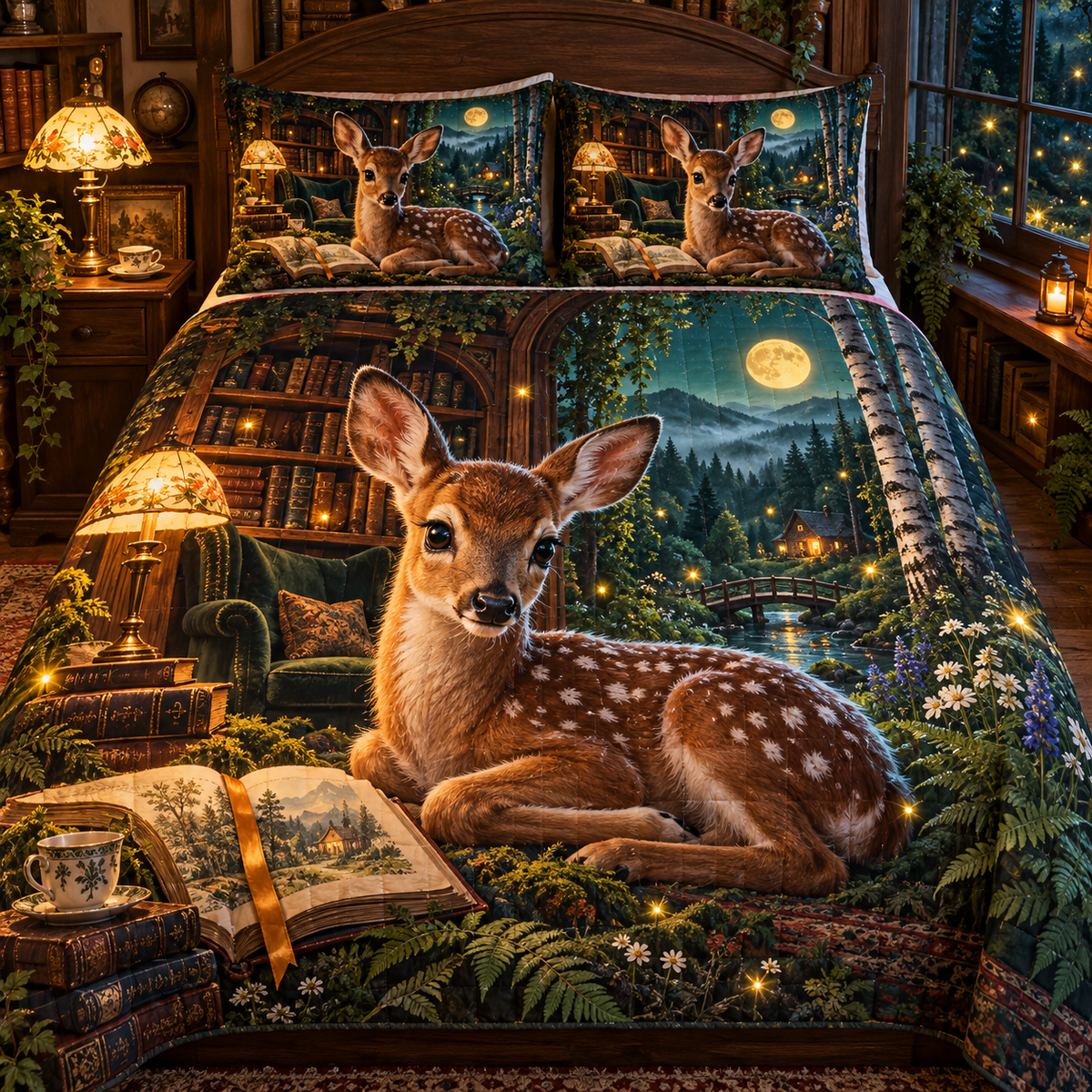 Luminook Fawn Firefly Glade Quilted Bedding Set with printed optical 3D artwork in its use setting