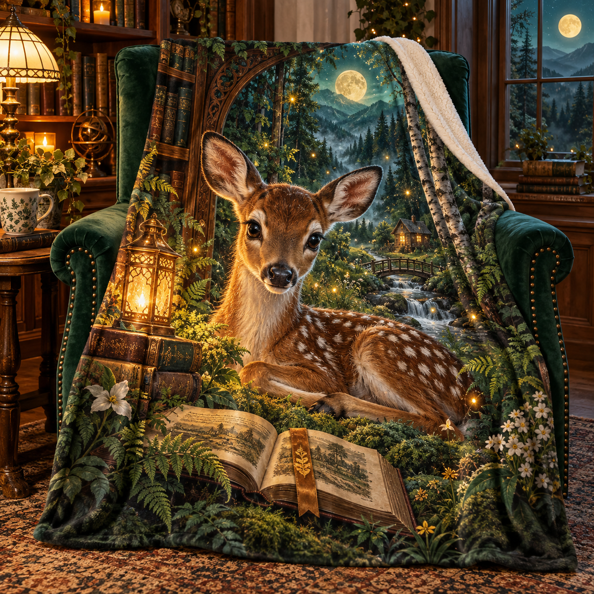 Luminook Fawn Firefly Glade Sherpa & Fleece Blanket with printed optical 3D artwork in its use setting