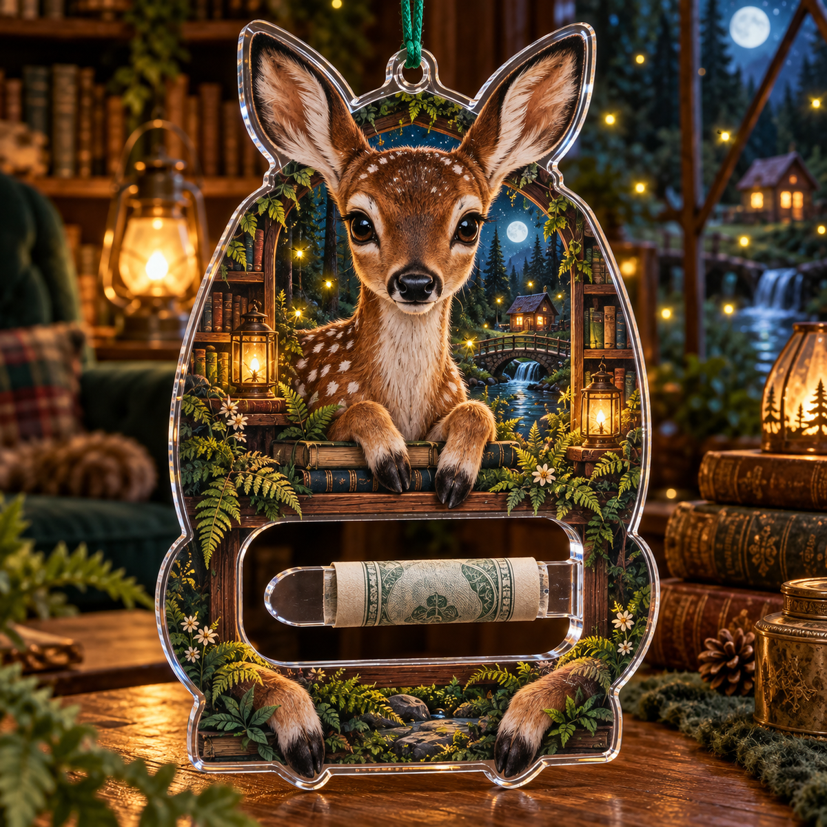Luminook Fawn Firefly Glade Acrylic Cash Holder Ornament with printed optical 3D artwork in its use setting