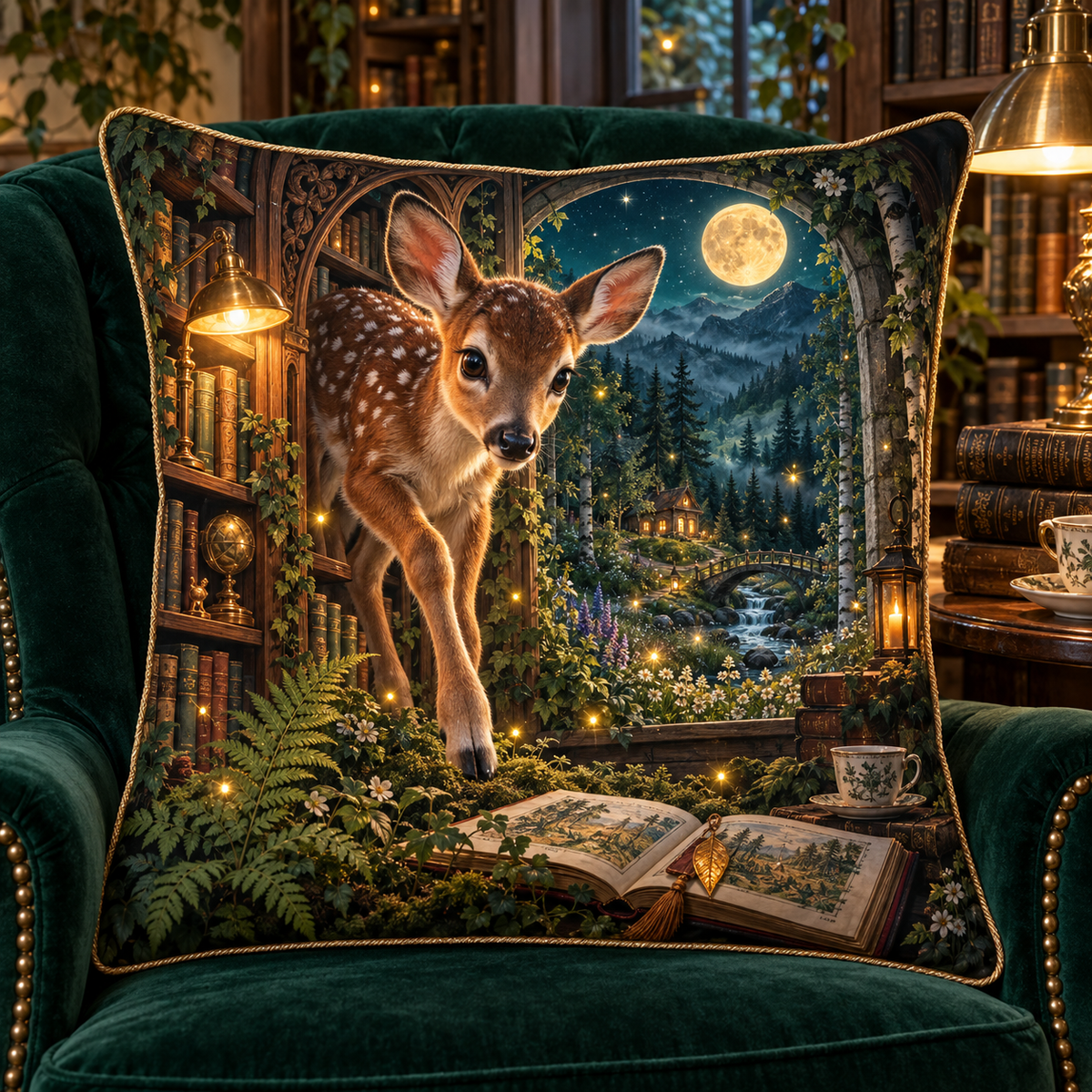 Luminook Fawn Firefly Glade Quilted Cushion Cover with printed optical 3D artwork in its use setting