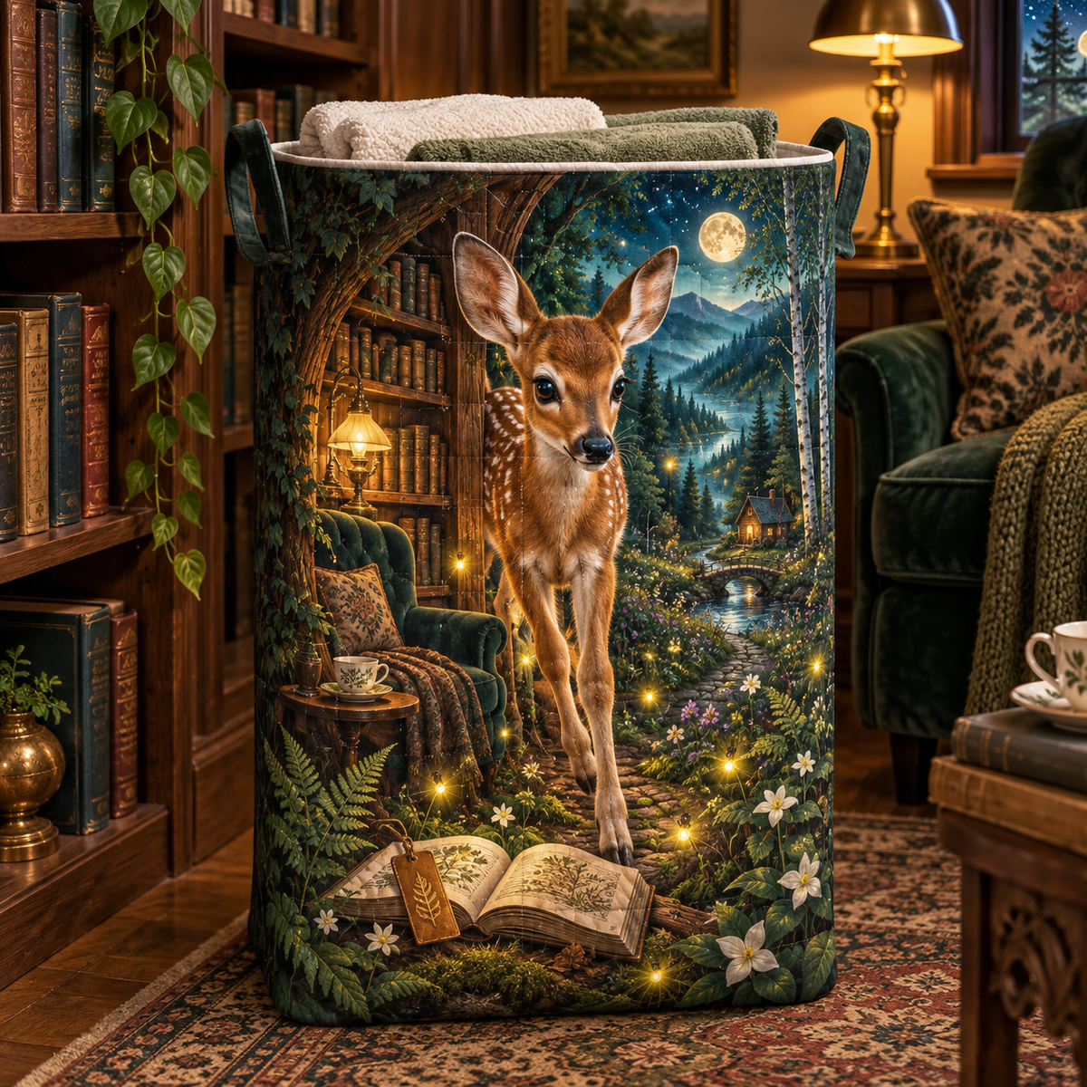 Luminook Fawn Firefly Glade Laundry Hamper with printed optical 3D artwork in its use setting