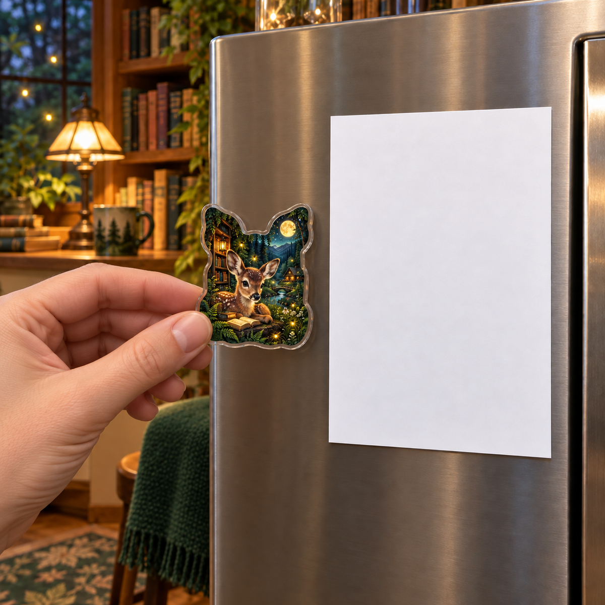 Luminook Fawn Firefly Glade Acrylic Refrigerator Magnet with printed optical 3D artwork in its use setting