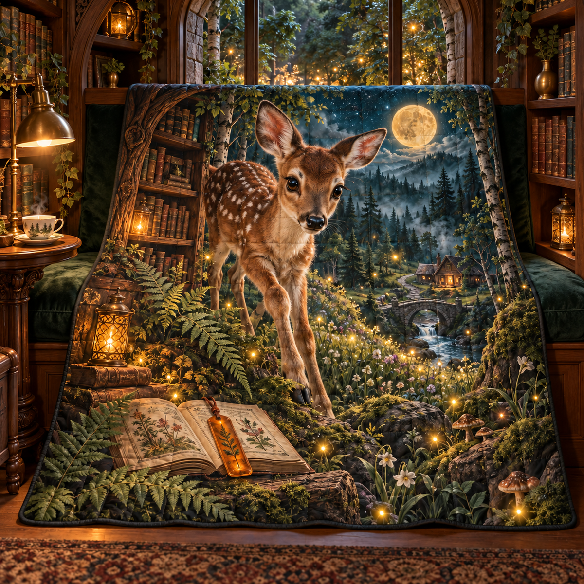 Luminook Fawn Firefly Glade Quilt Blanket with printed optical 3D artwork in its use setting