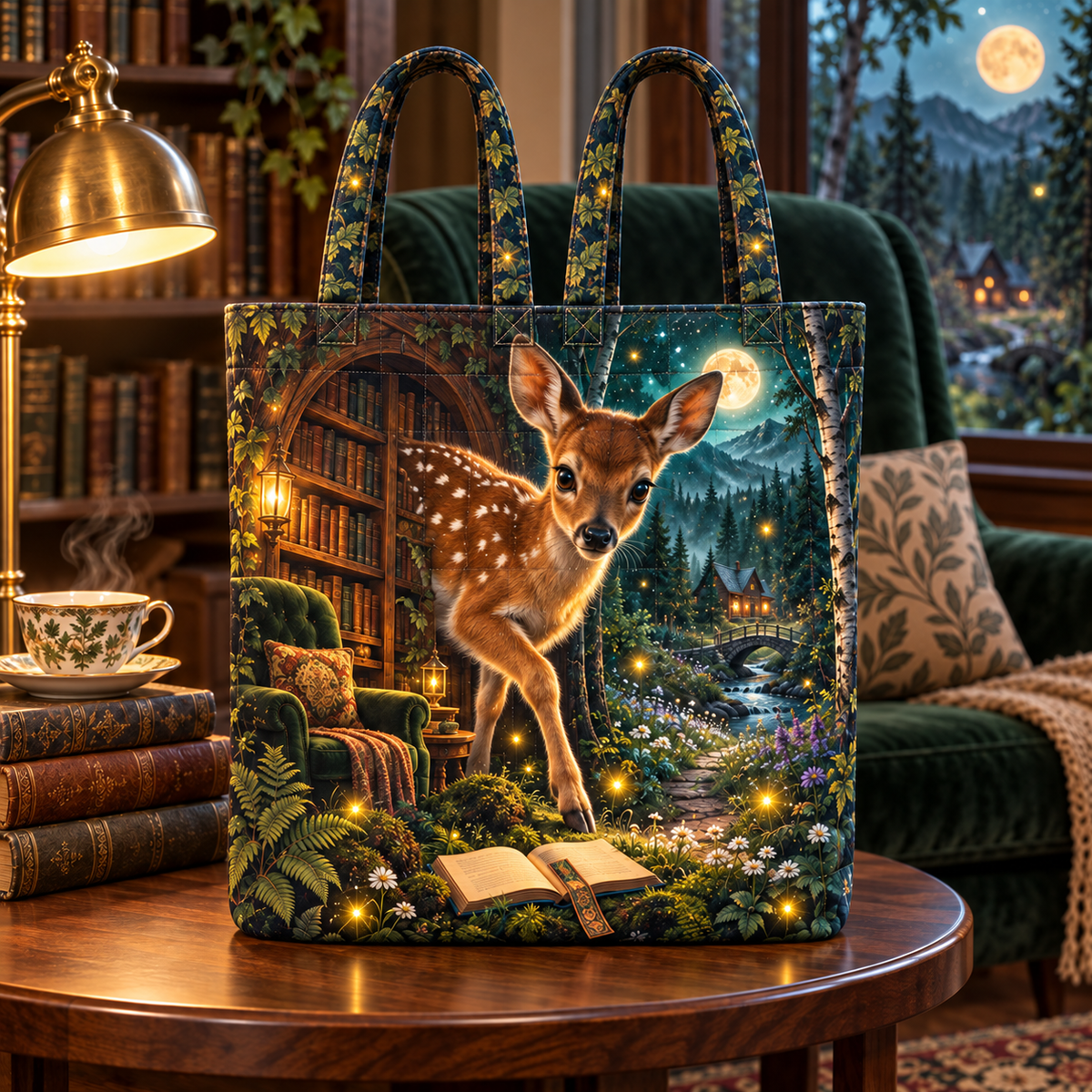 Luminook Fawn Firefly Glade Quilted Tote Bag with printed optical 3D artwork in its use setting