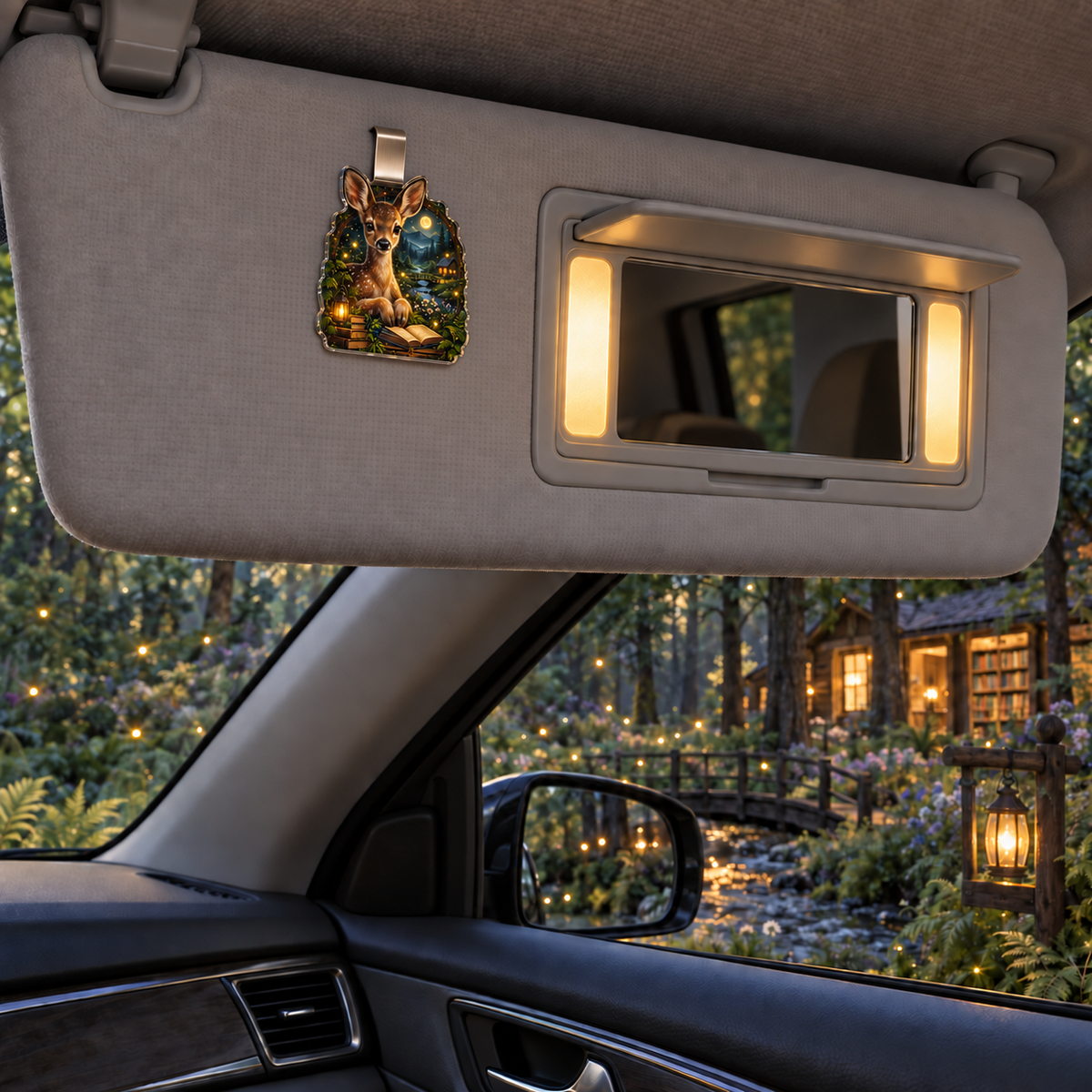 Luminook Fawn Firefly Glade Holographic Car Visor Clip with printed optical 3D artwork in its use setting