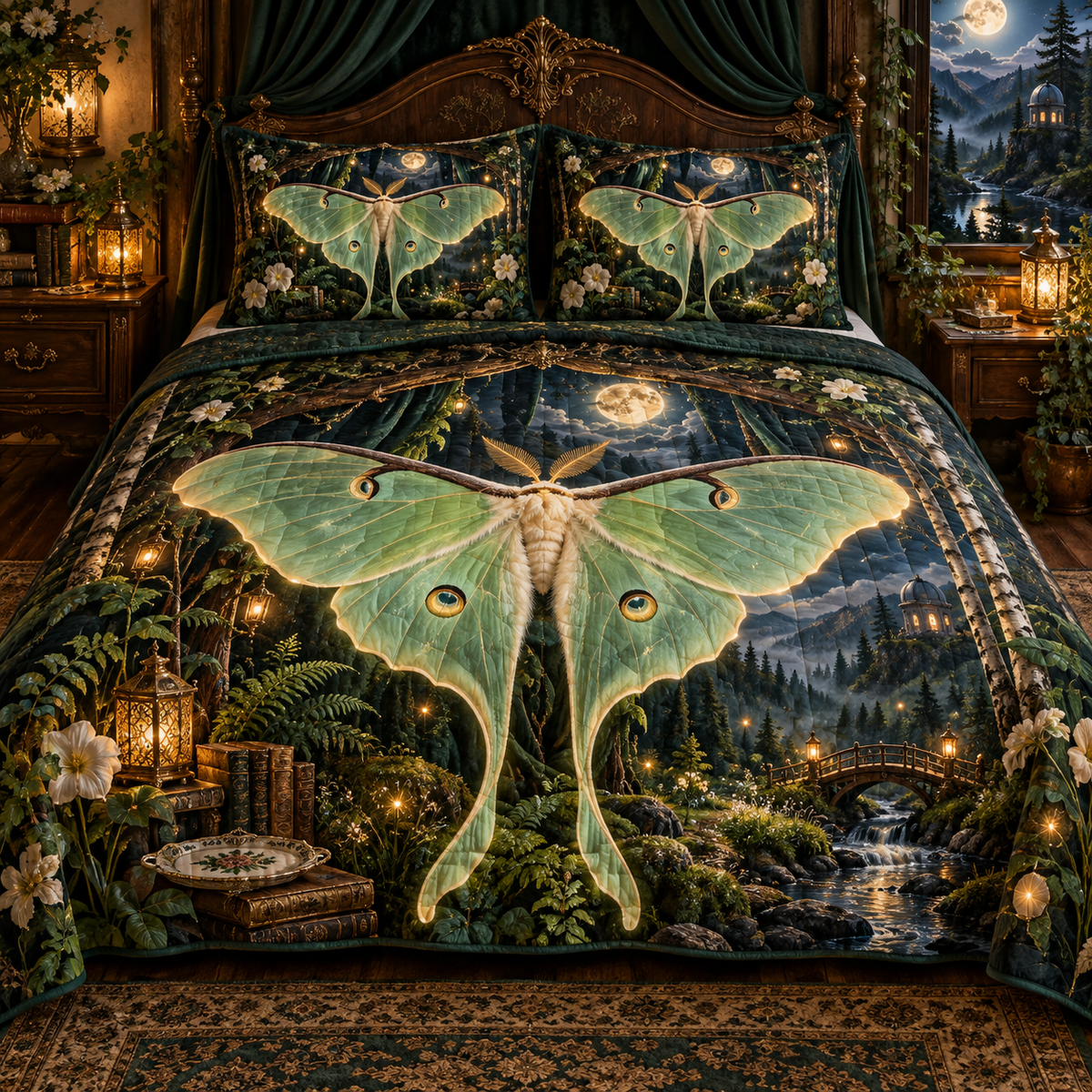 Glowwing Luna Moth Bower Quilted Bedding Set with printed optical 3D artwork in its use setting