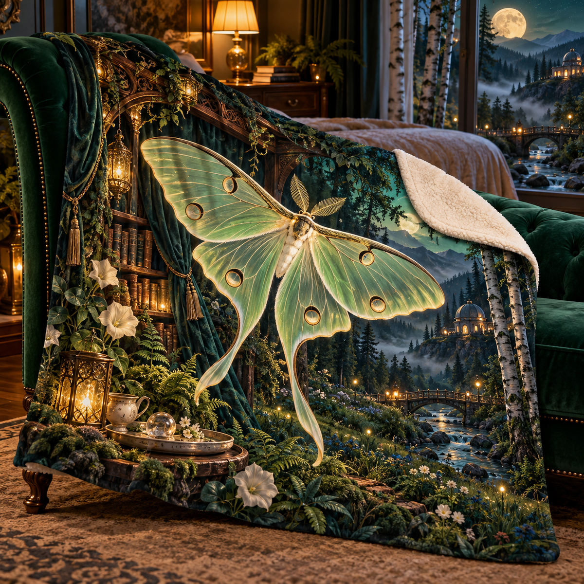 Glowwing Luna Moth Bower Sherpa & Fleece Blanket with printed optical 3D artwork in its use setting