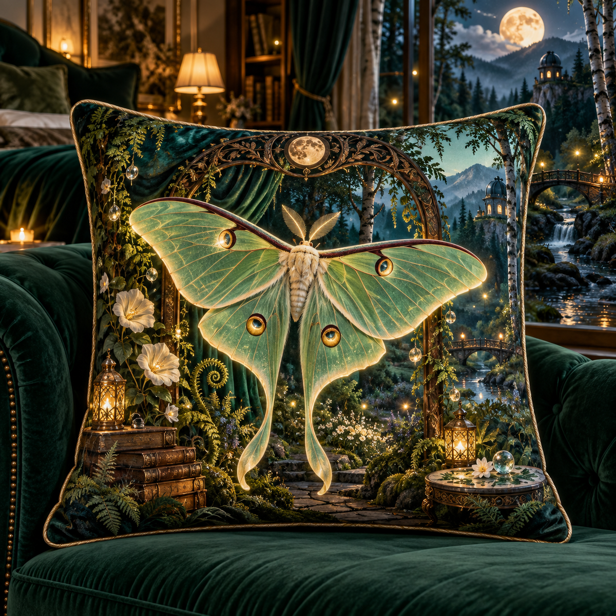 Glowwing Luna Moth Bower Quilted Cushion Cover with printed optical 3D artwork in its use setting