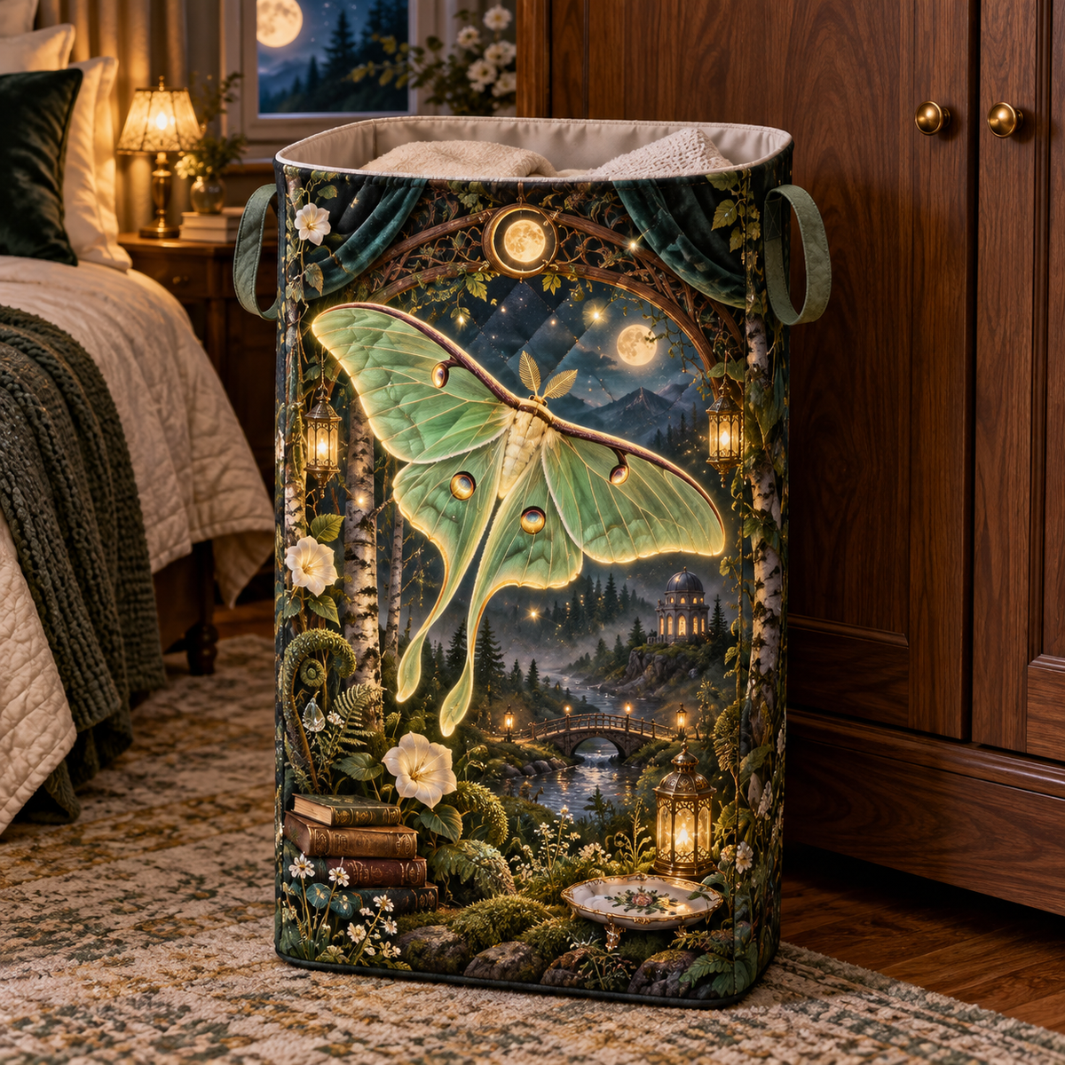 Glowwing Luna Moth Bower Laundry Hamper with printed optical 3D artwork in its use setting