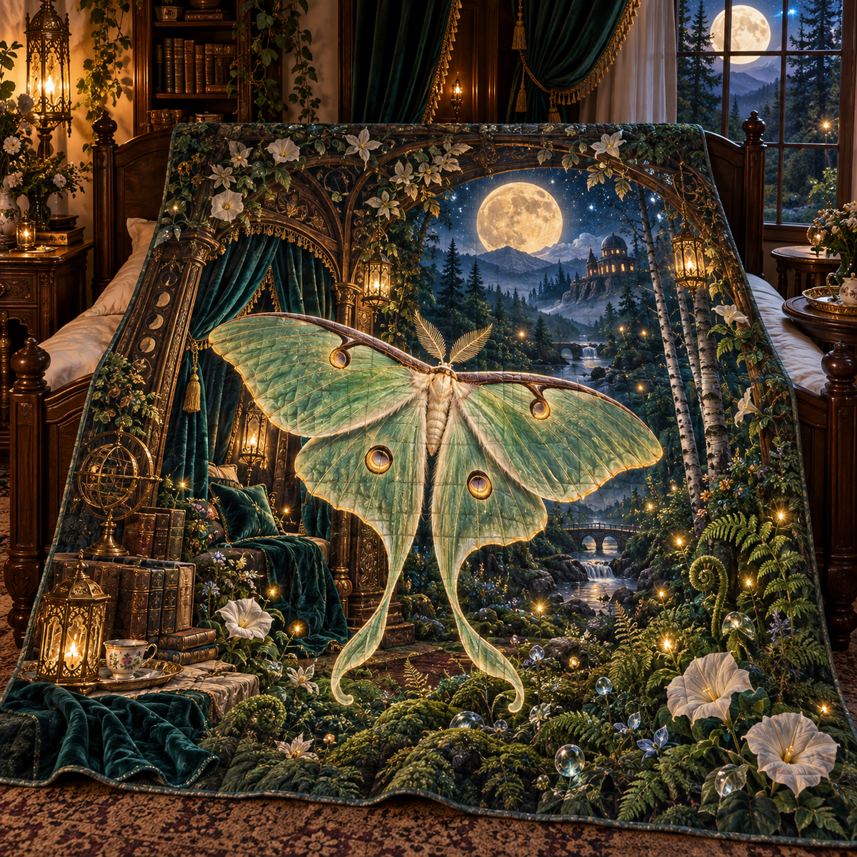 Glowwing Luna Moth Bower Quilt Blanket with printed optical 3D artwork in its use setting