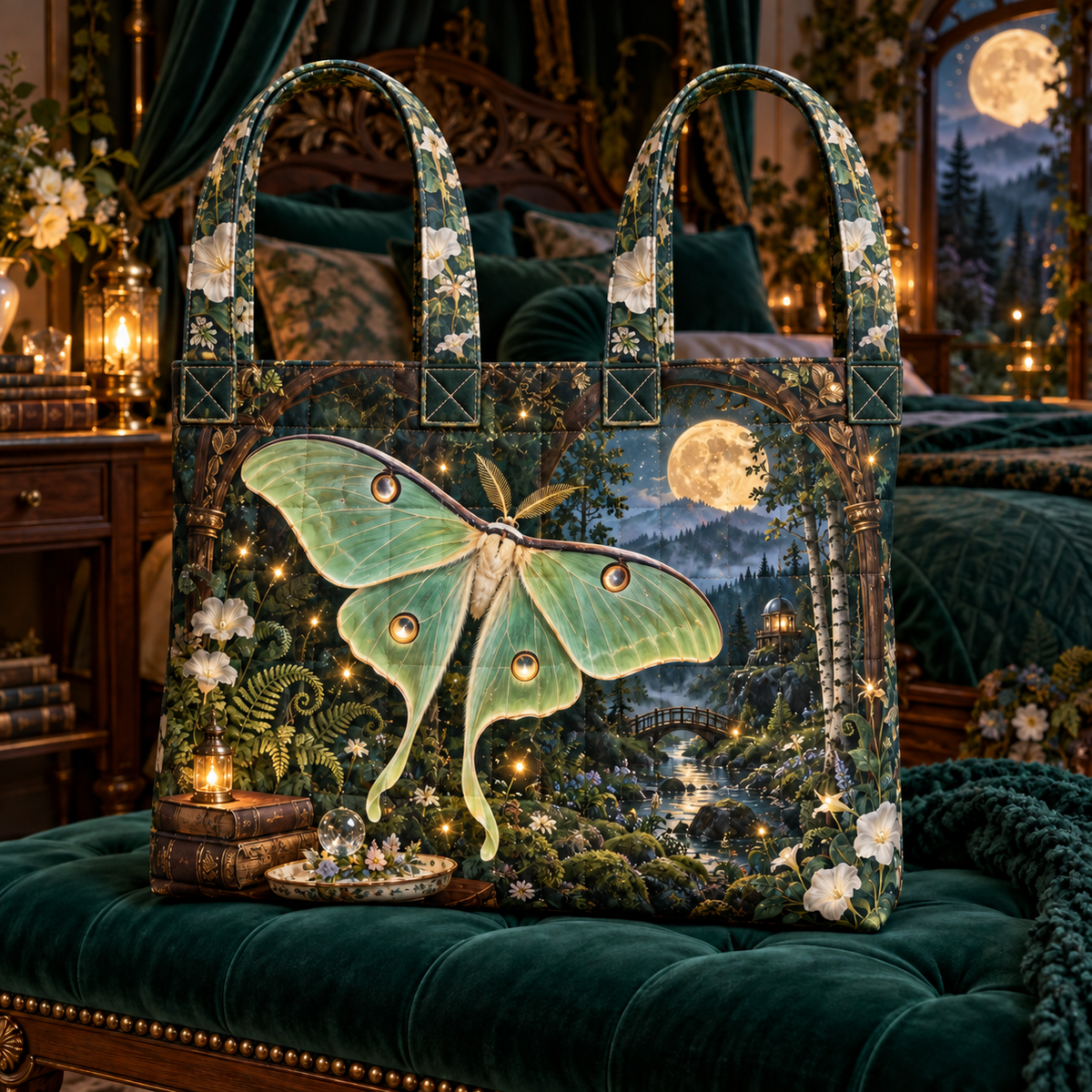 Glowwing Luna Moth Bower Quilted Tote Bag with printed optical 3D artwork in its use setting