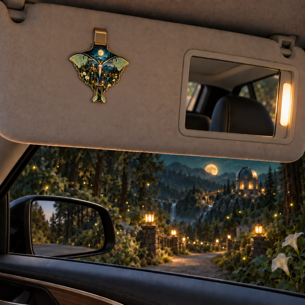 Glowwing Luna Moth Bower Holographic Car Visor Clip with printed optical 3D artwork in its use setting