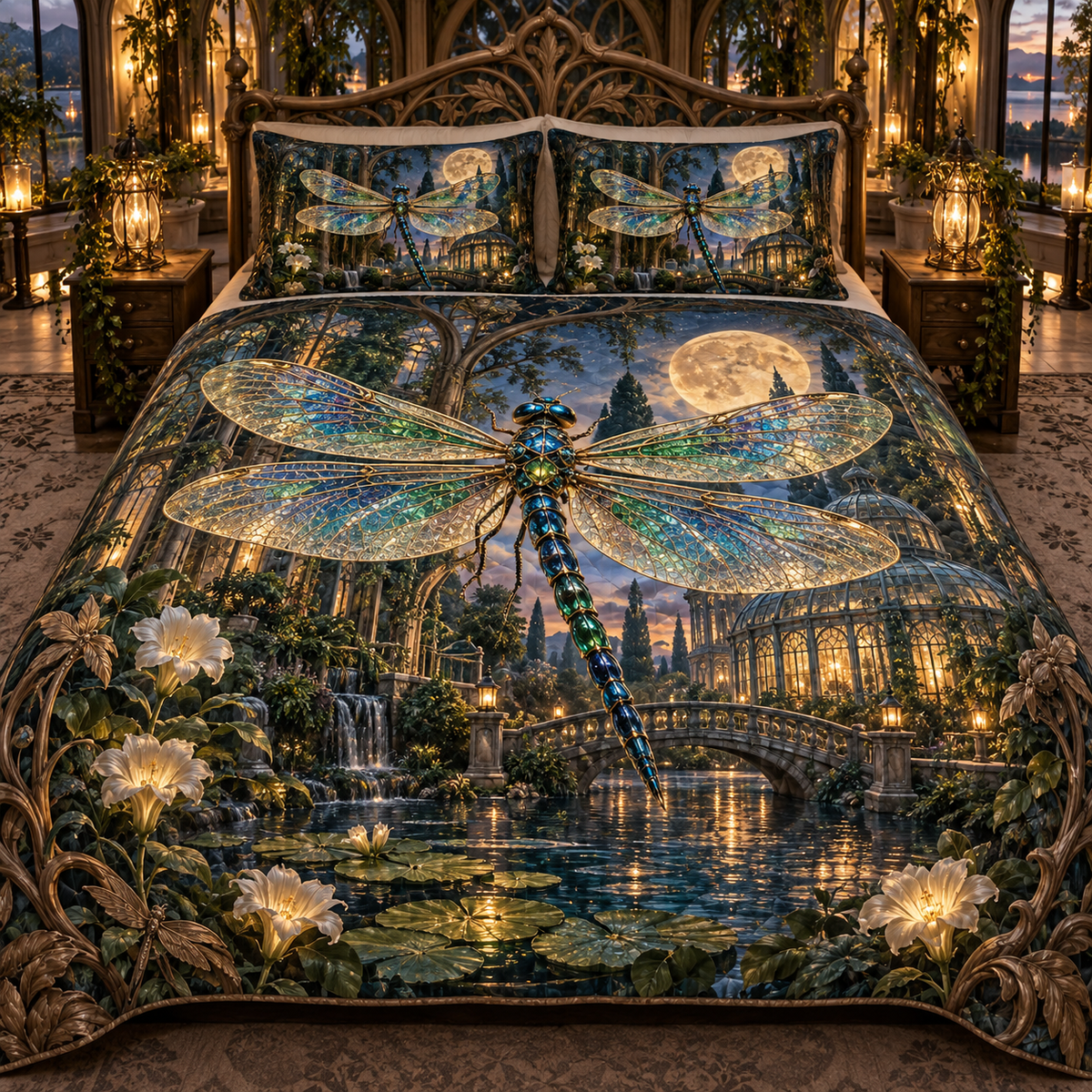 Glimmerwing Dragonfly Atrium Quilted Bedding Set with printed optical 3D artwork in its use setting