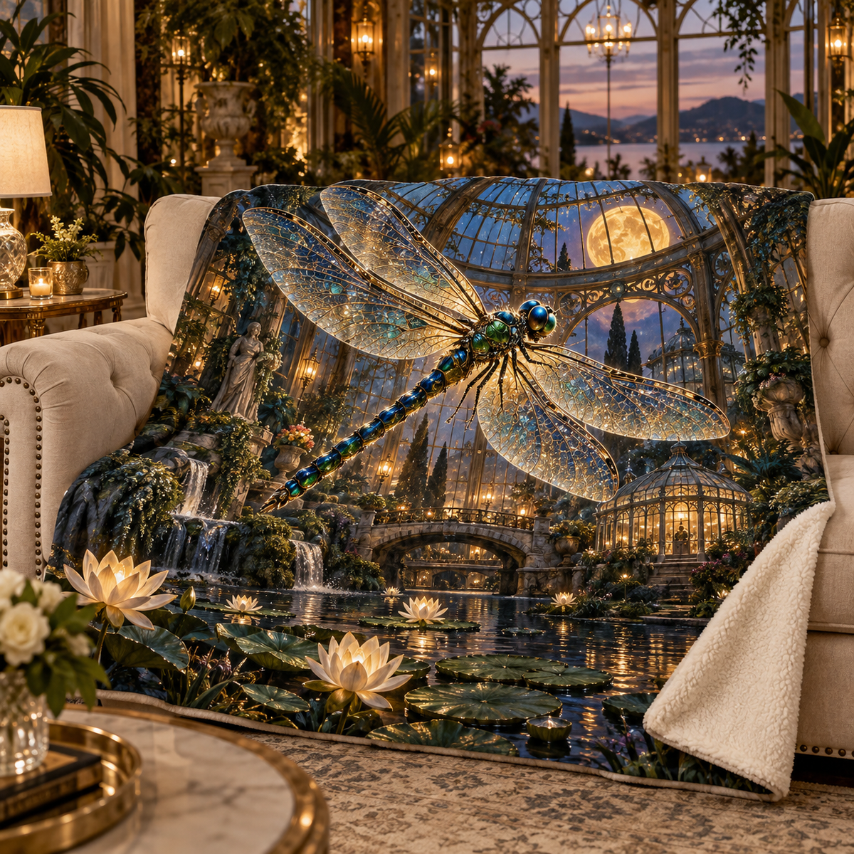 Glimmerwing Dragonfly Atrium Sherpa & Fleece Blanket with printed optical 3D artwork in its use setting