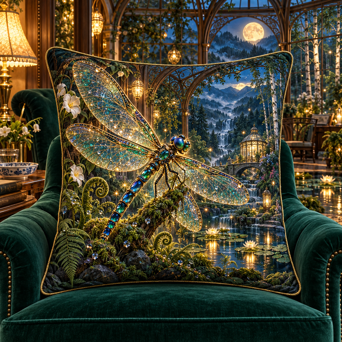 Glimmerwing Dragonfly Atrium Quilted Cushion Cover with printed optical 3D artwork in its use setting