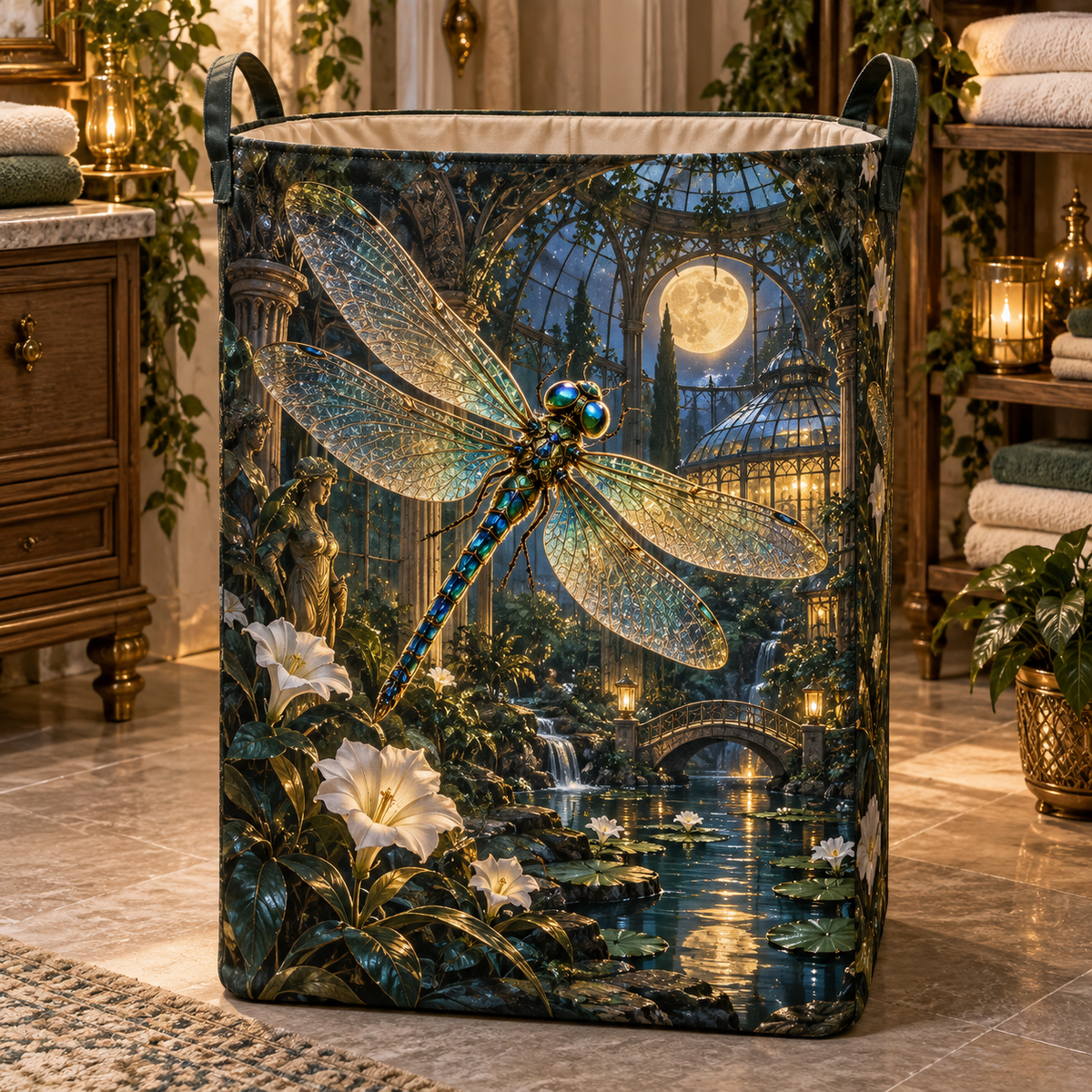 Glimmerwing Dragonfly Atrium Laundry Hamper with printed optical 3D artwork in its use setting