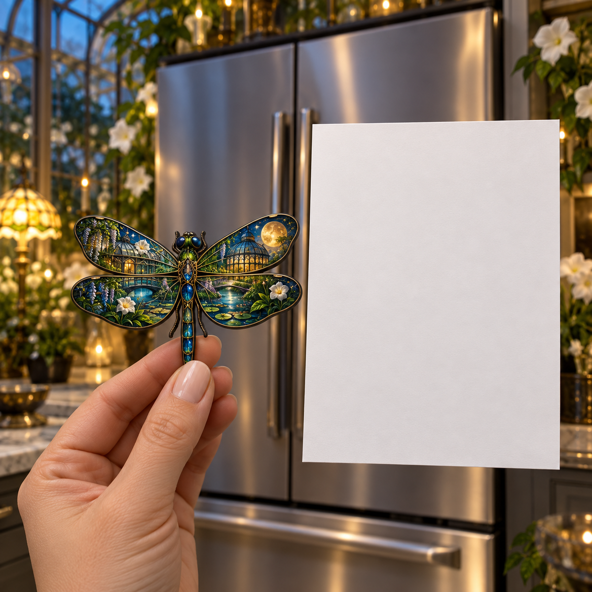 Glimmerwing Dragonfly Atrium Acrylic Refrigerator Magnet with printed optical 3D artwork in its use setting