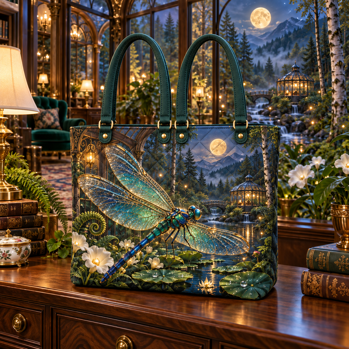 Glimmerwing Dragonfly Atrium Quilted Tote Bag with printed optical 3D artwork in its use setting