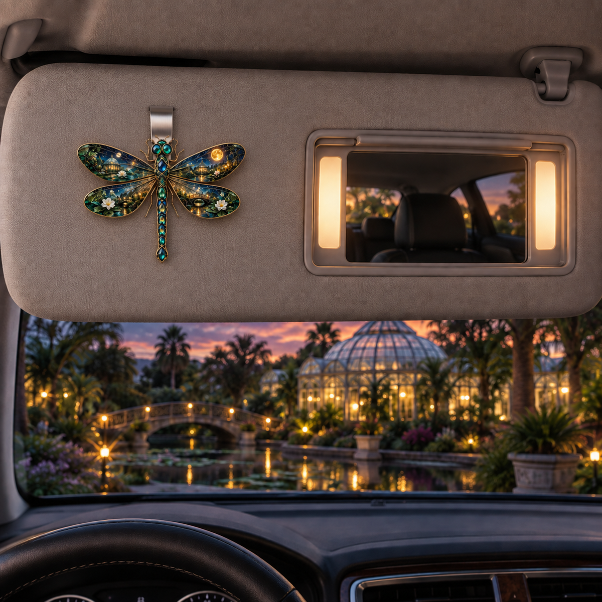 Glimmerwing Dragonfly Atrium Holographic Car Visor Clip with printed optical 3D artwork in its use setting