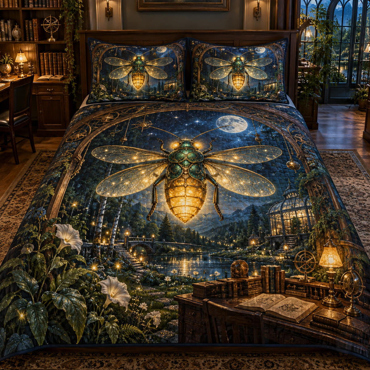 Lanternveil Firefly Observatory Quilted Bedding Set with printed optical 3D artwork in its use setting