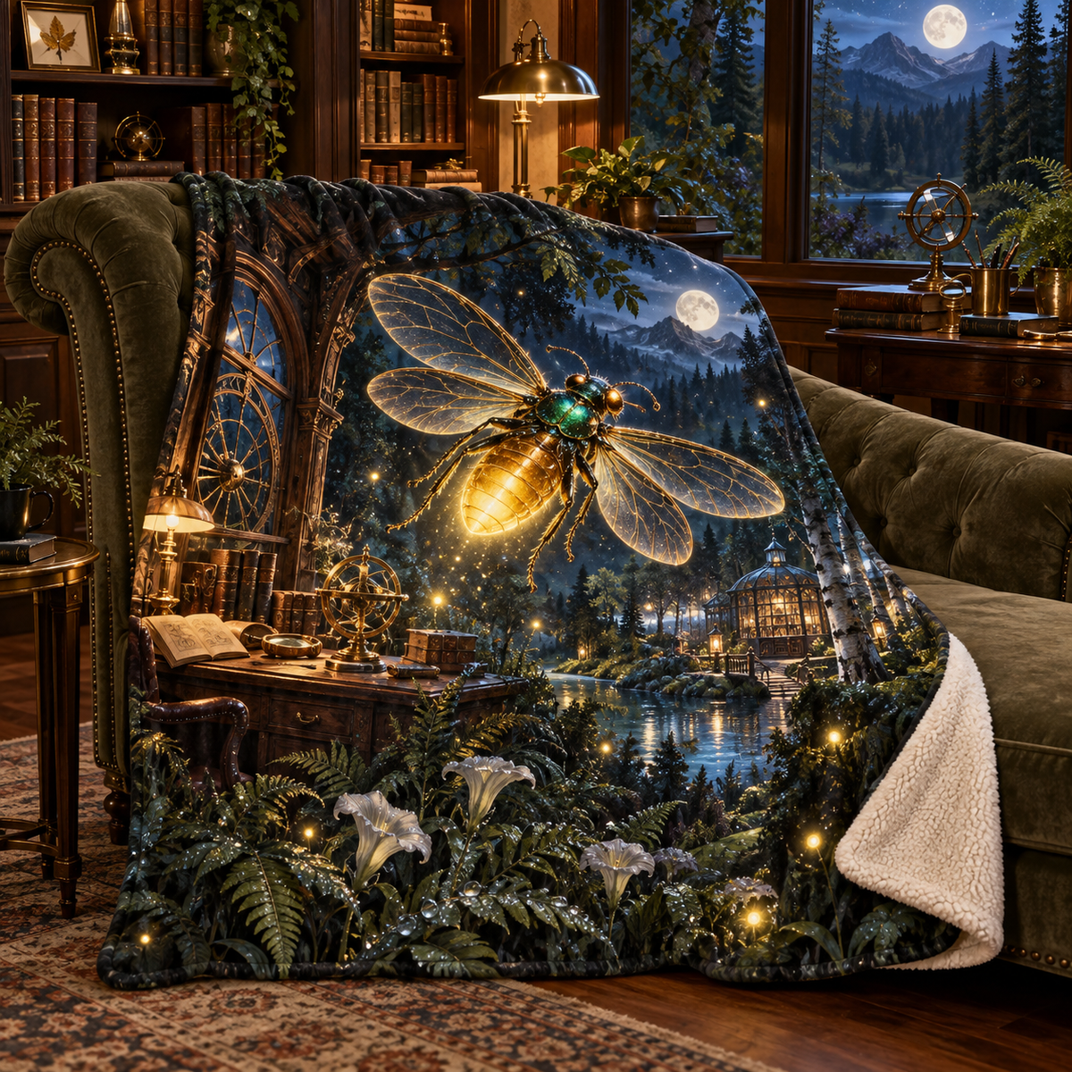 Lanternveil Firefly Observatory Sherpa & Fleece Blanket with printed optical 3D artwork in its use setting