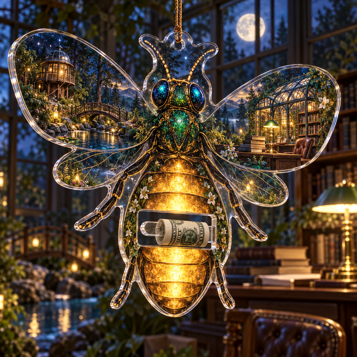 Lanternveil Firefly Observatory Acrylic Cash Holder Ornament with printed optical 3D artwork in its use setting