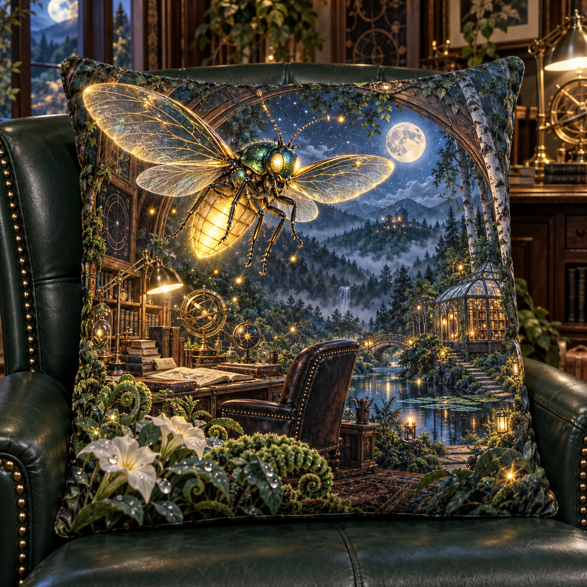 Lanternveil Firefly Observatory Quilted Cushion Cover with printed optical 3D artwork in its use setting
