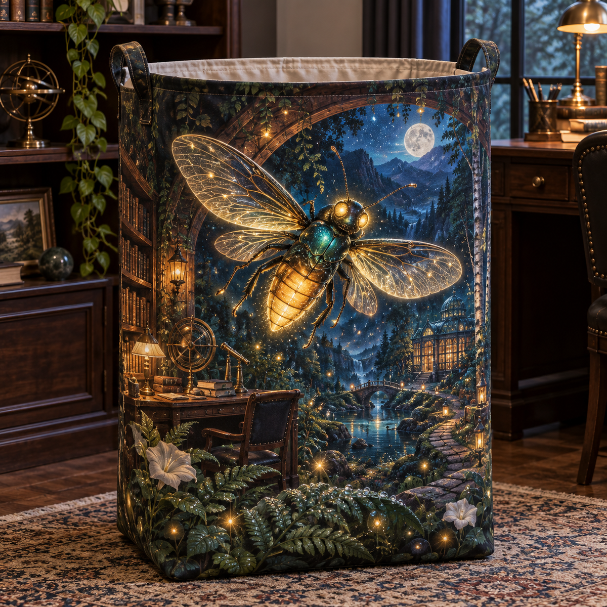 Lanternveil Firefly Observatory Laundry Hamper with printed optical 3D artwork in its use setting