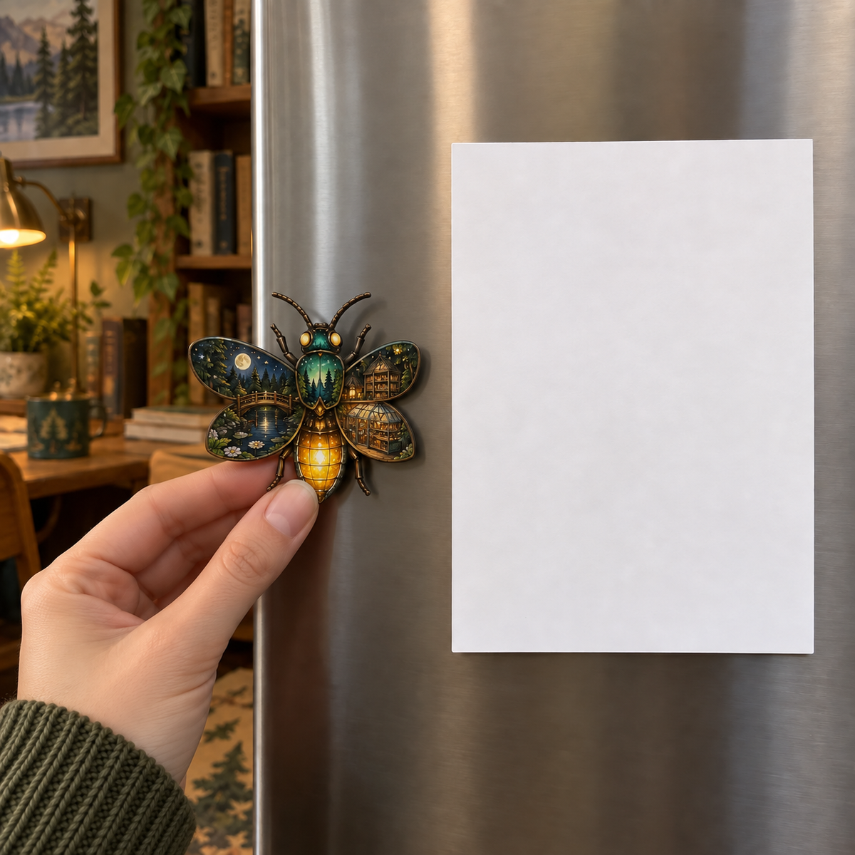 Lanternveil Firefly Observatory Acrylic Refrigerator Magnet with printed optical 3D artwork in its use setting