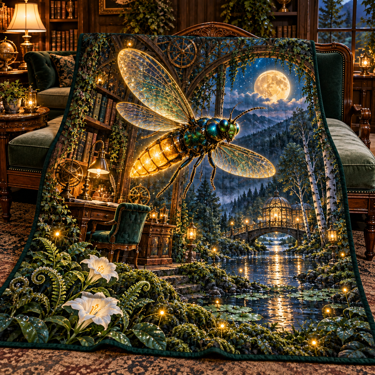 Lanternveil Firefly Observatory Quilt Blanket with printed optical 3D artwork in its use setting