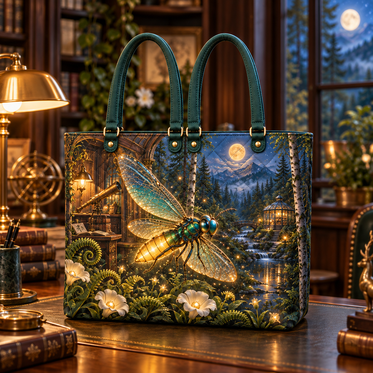 Lanternveil Firefly Observatory Quilted Tote Bag with printed optical 3D artwork in its use setting