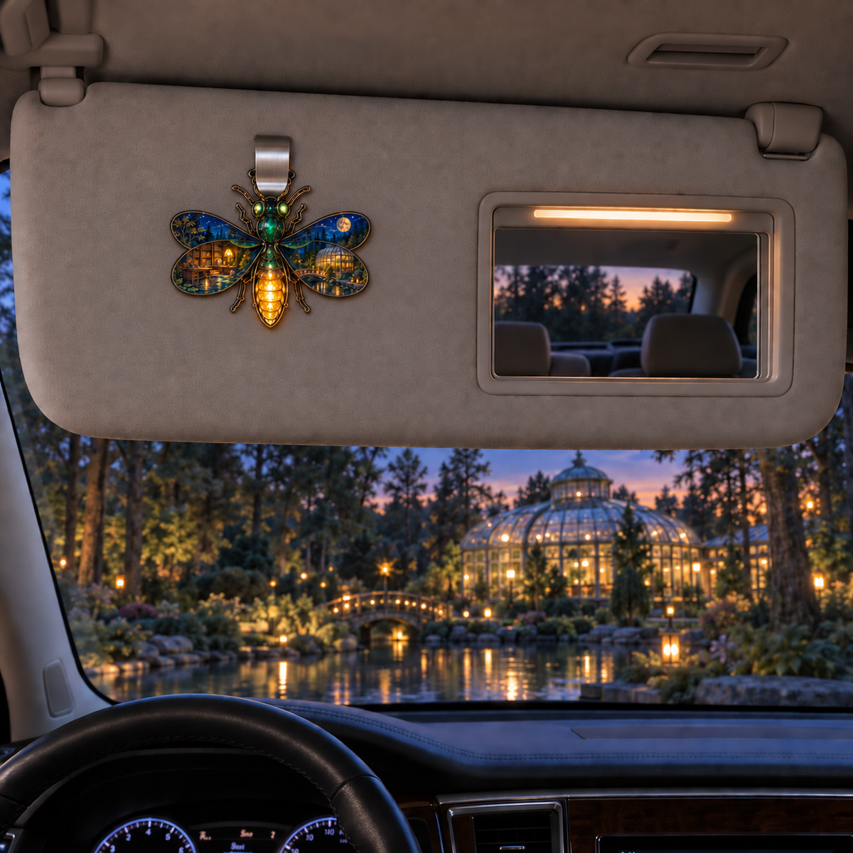 Lanternveil Firefly Observatory Holographic Car Visor Clip with printed optical 3D artwork in its use setting