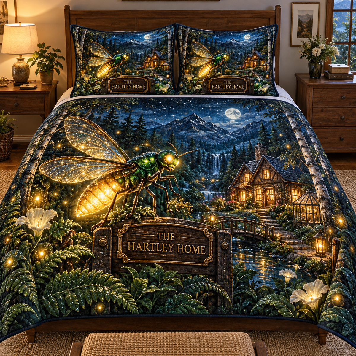 Everglow Firefly Hearthstead Quilted Bedding Set with printed optical 3D artwork in its use setting