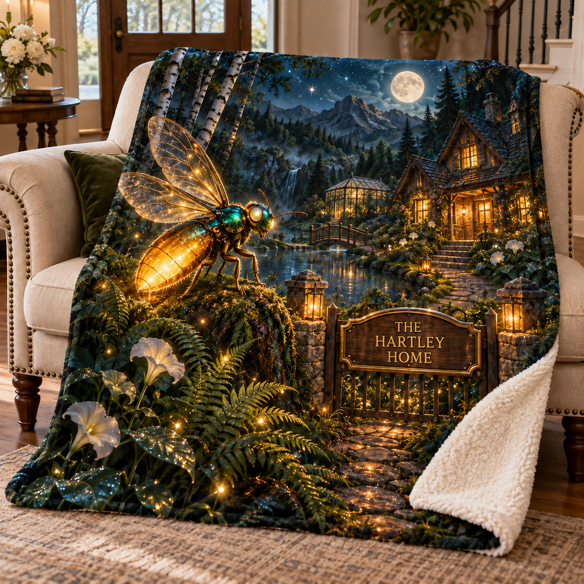 Everglow Firefly Hearthstead Sherpa & Fleece Blanket with printed optical 3D artwork in its use setting