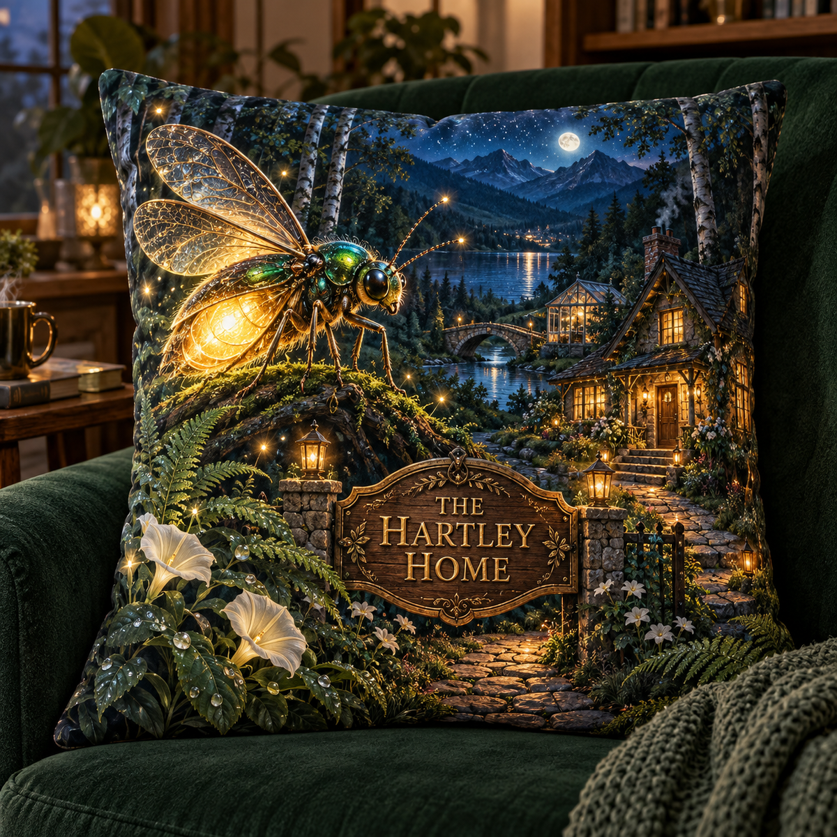Everglow Firefly Hearthstead Quilted Cushion Cover with printed optical 3D artwork in its use setting