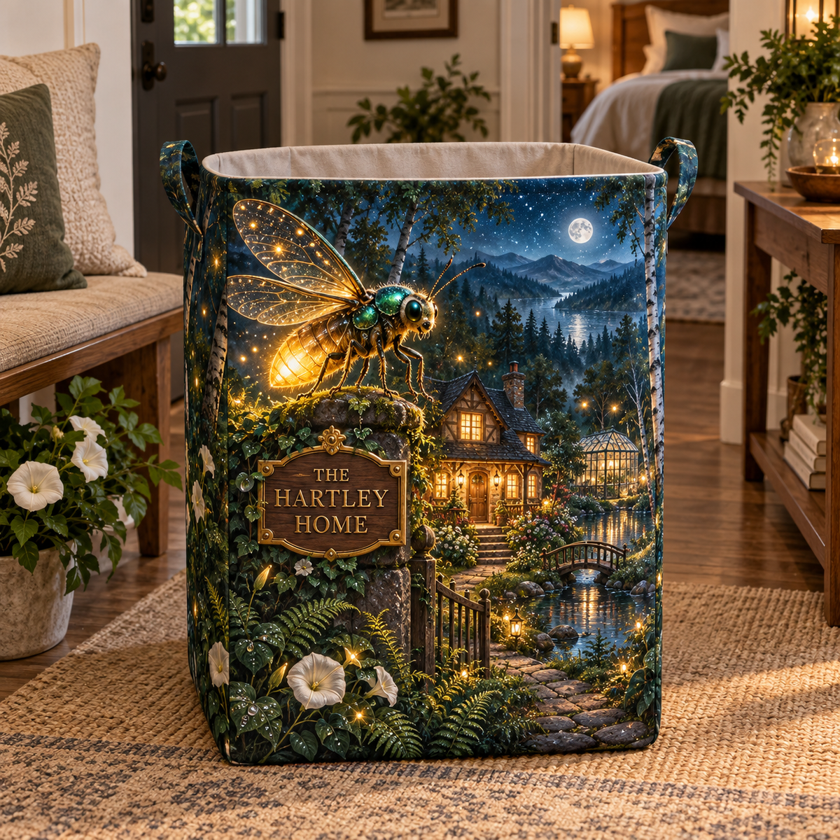 Everglow Firefly Hearthstead Laundry Hamper with printed optical 3D artwork in its use setting