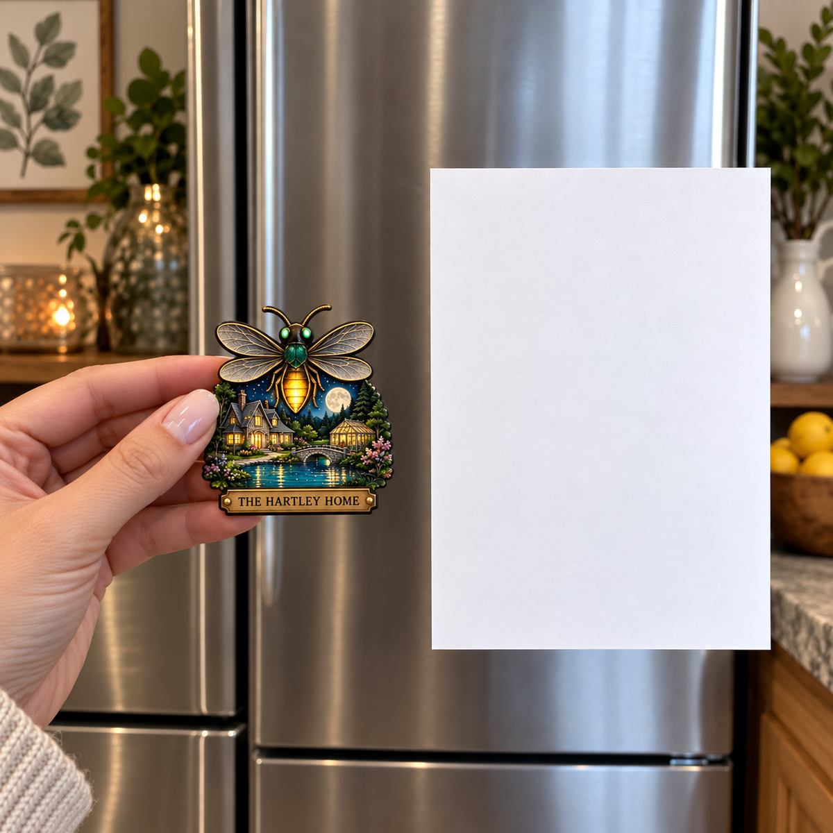 Everglow Firefly Hearthstead Acrylic Refrigerator Magnet with printed optical 3D artwork in its use setting