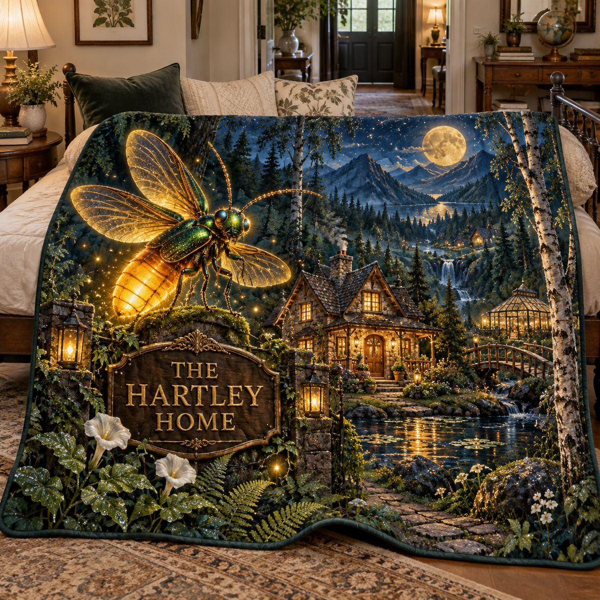 Everglow Firefly Hearthstead Quilt Blanket with printed optical 3D artwork in its use setting