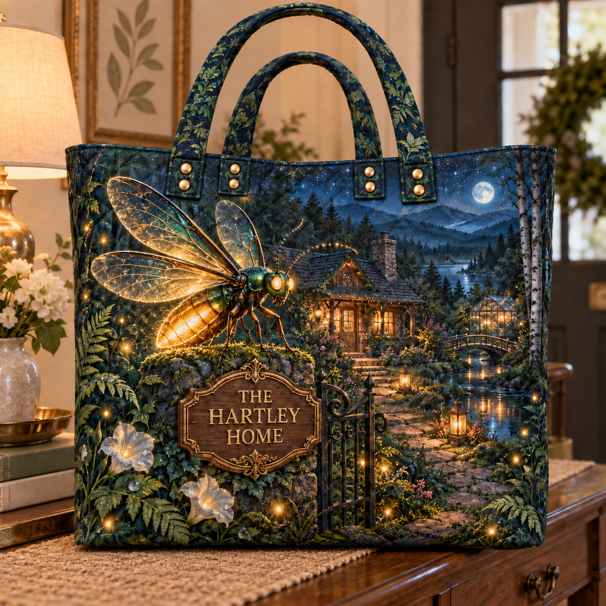 Everglow Firefly Hearthstead Quilted Tote Bag with printed optical 3D artwork in its use setting