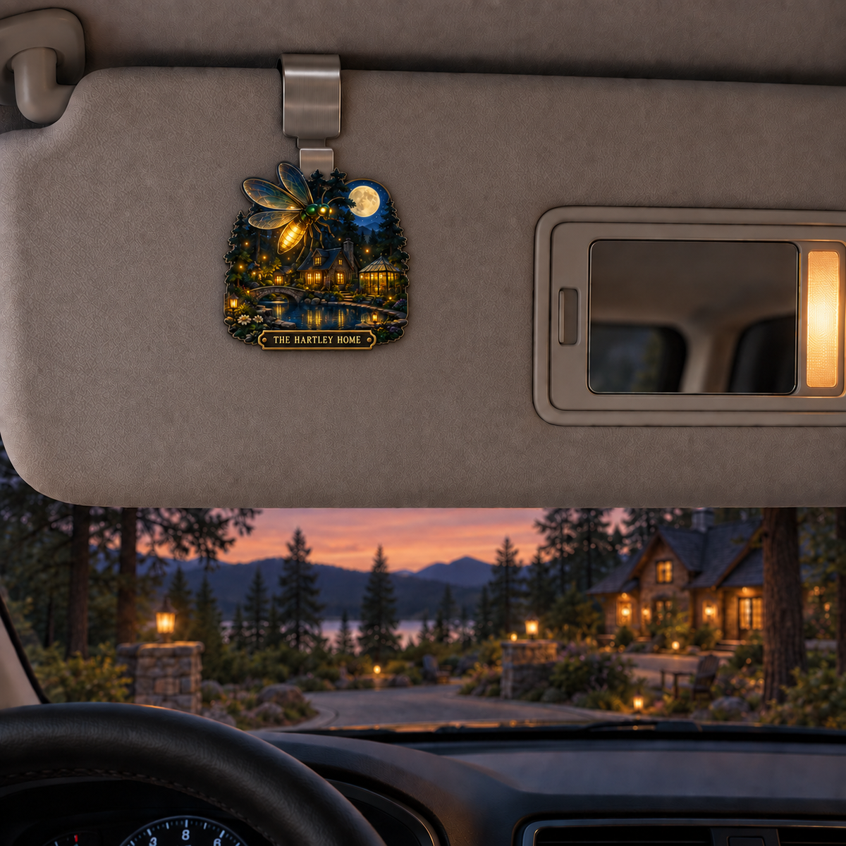 Everglow Firefly Hearthstead Holographic Car Visor Clip with printed optical 3D artwork in its use setting