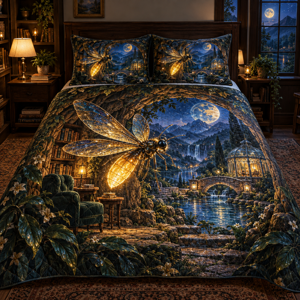 Moonhush Firefly Reading Grotto Quilted Bedding Set with printed optical 3D artwork in its use setting