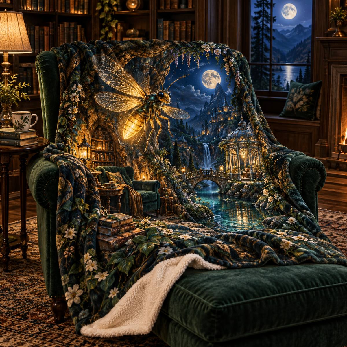 Moonhush Firefly Reading Grotto Sherpa & Fleece Blanket with printed optical 3D artwork in its use setting
