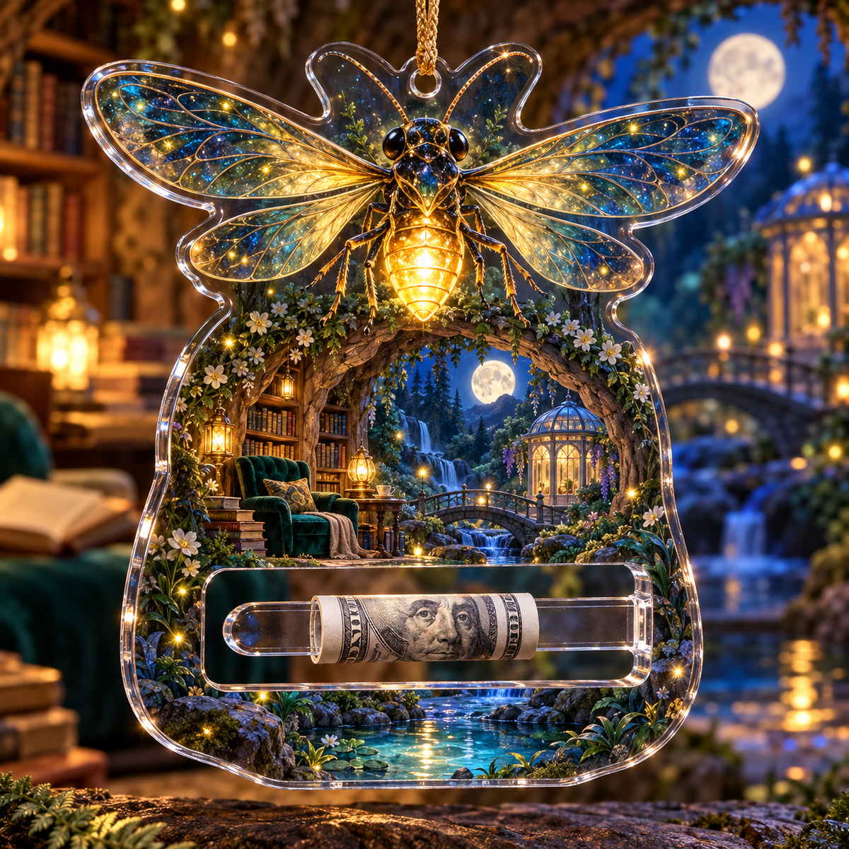 Moonhush Firefly Reading Grotto Acrylic Cash Holder Ornament with printed optical 3D artwork in its use setting