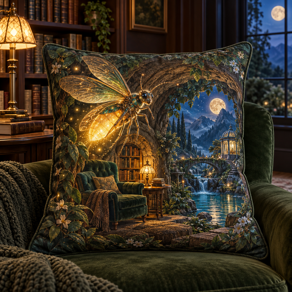 Moonhush Firefly Reading Grotto Quilted Cushion Cover with printed optical 3D artwork in its use setting