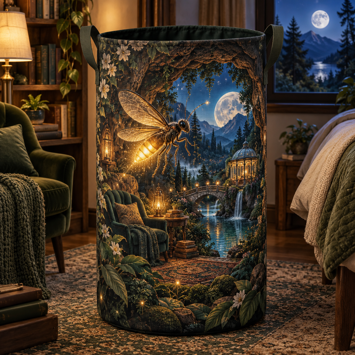 Moonhush Firefly Reading Grotto Laundry Hamper with printed optical 3D artwork in its use setting