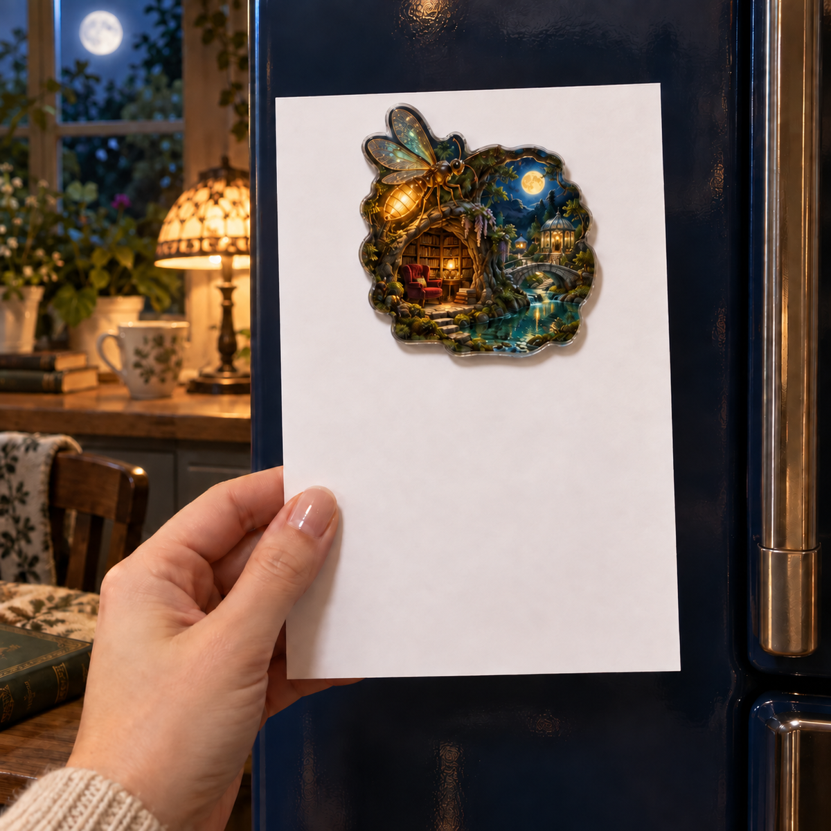 Moonhush Firefly Reading Grotto Acrylic Refrigerator Magnet with printed optical 3D artwork in its use setting