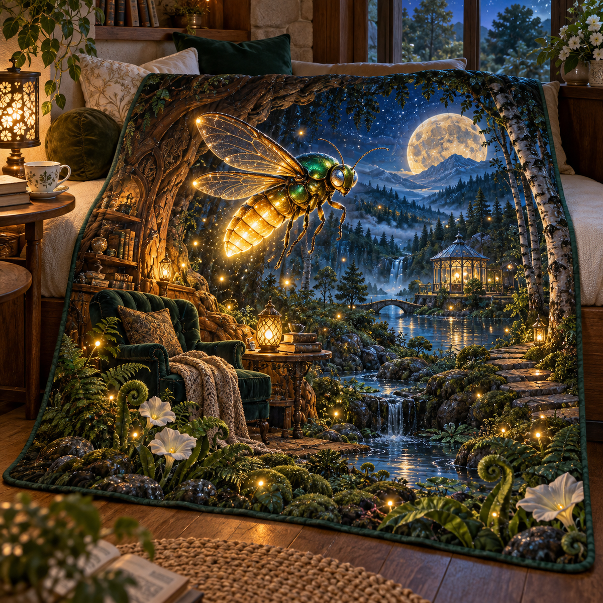 Moonhush Firefly Reading Grotto Quilt Blanket with printed optical 3D artwork in its use setting