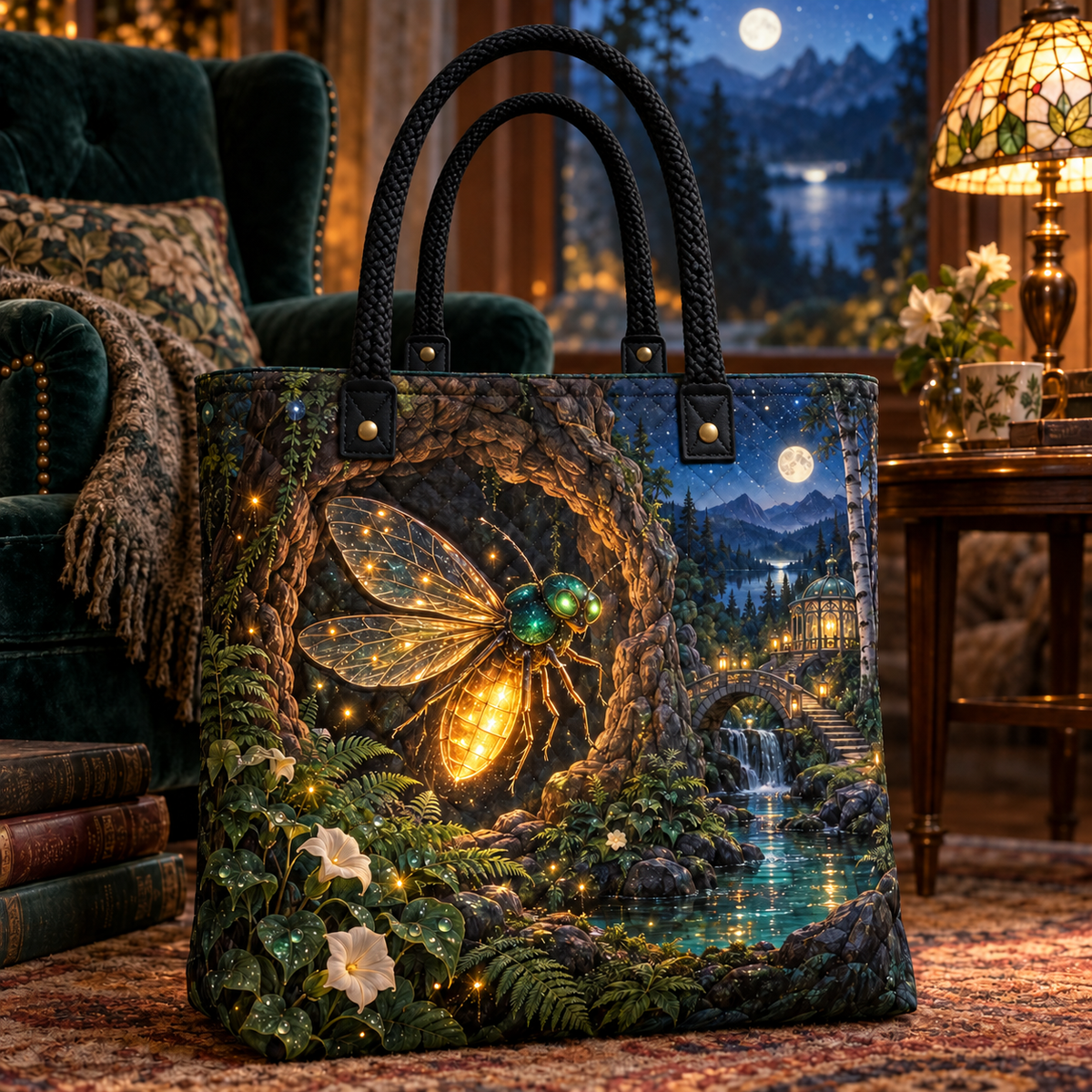 Moonhush Firefly Reading Grotto Quilted Tote Bag with printed optical 3D artwork in its use setting