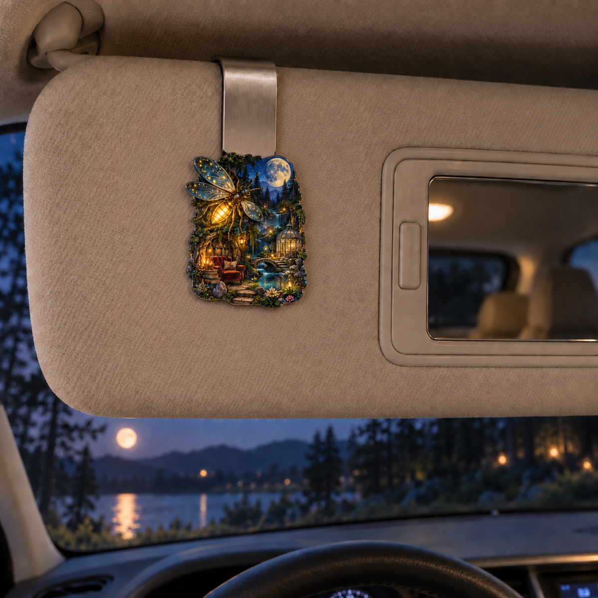 Moonhush Firefly Reading Grotto Holographic Car Visor Clip with printed optical 3D artwork in its use setting